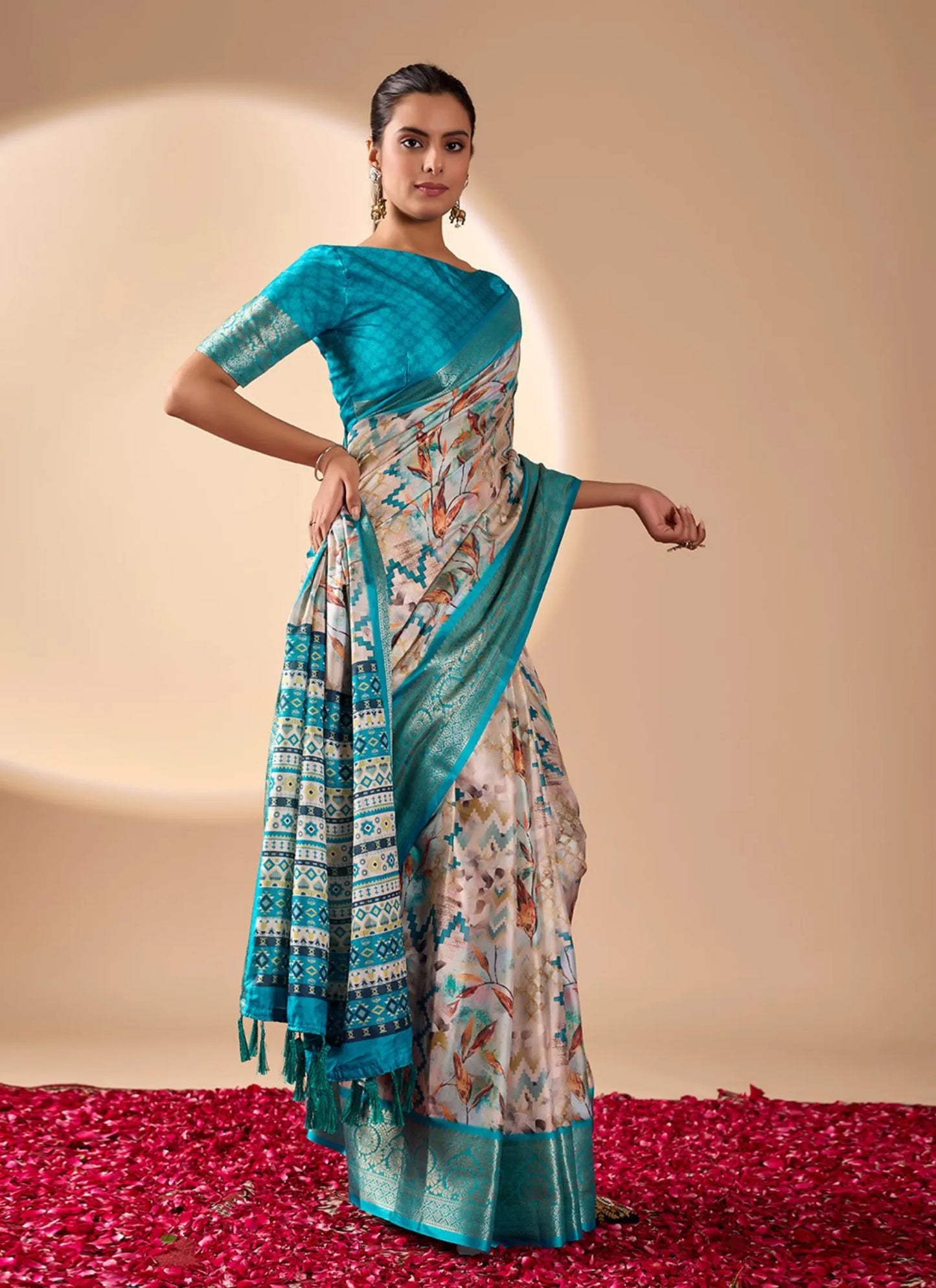 Modern Prints Soft Lichi Silk Saree Aqua