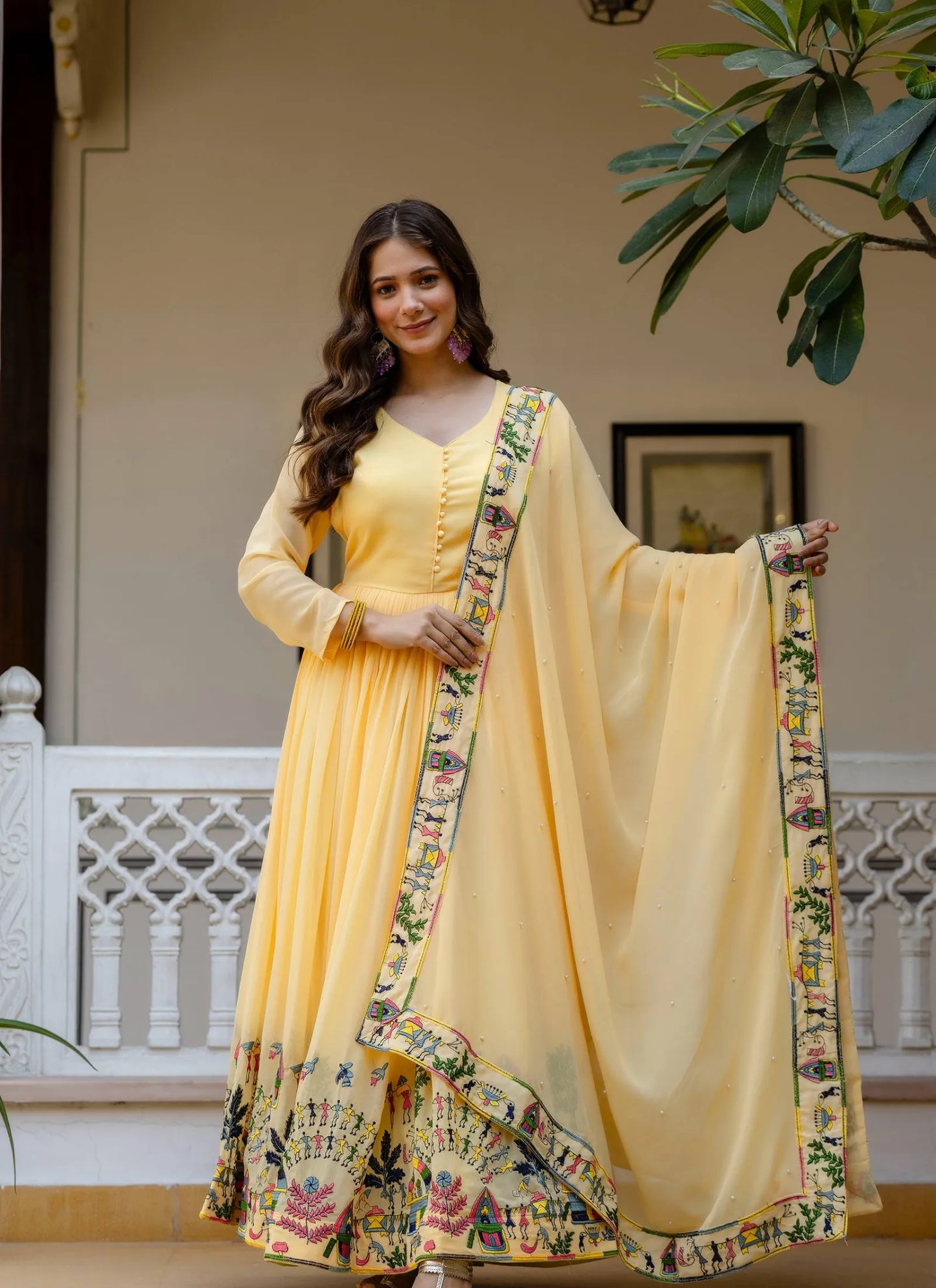 Yellow Embroidered Faux Georgette Gown