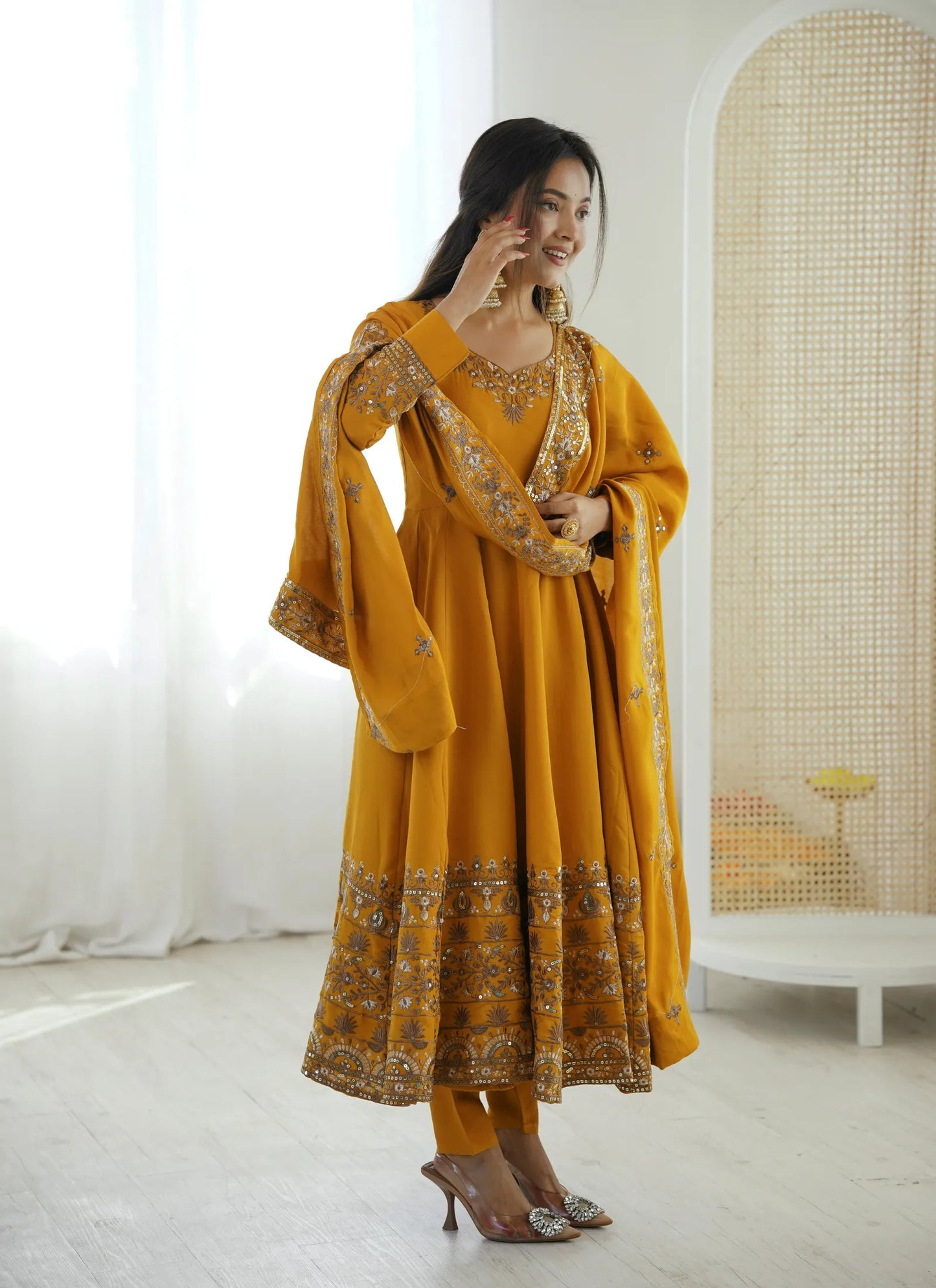 Yellow Embroidered Sequence Anarkali Suit