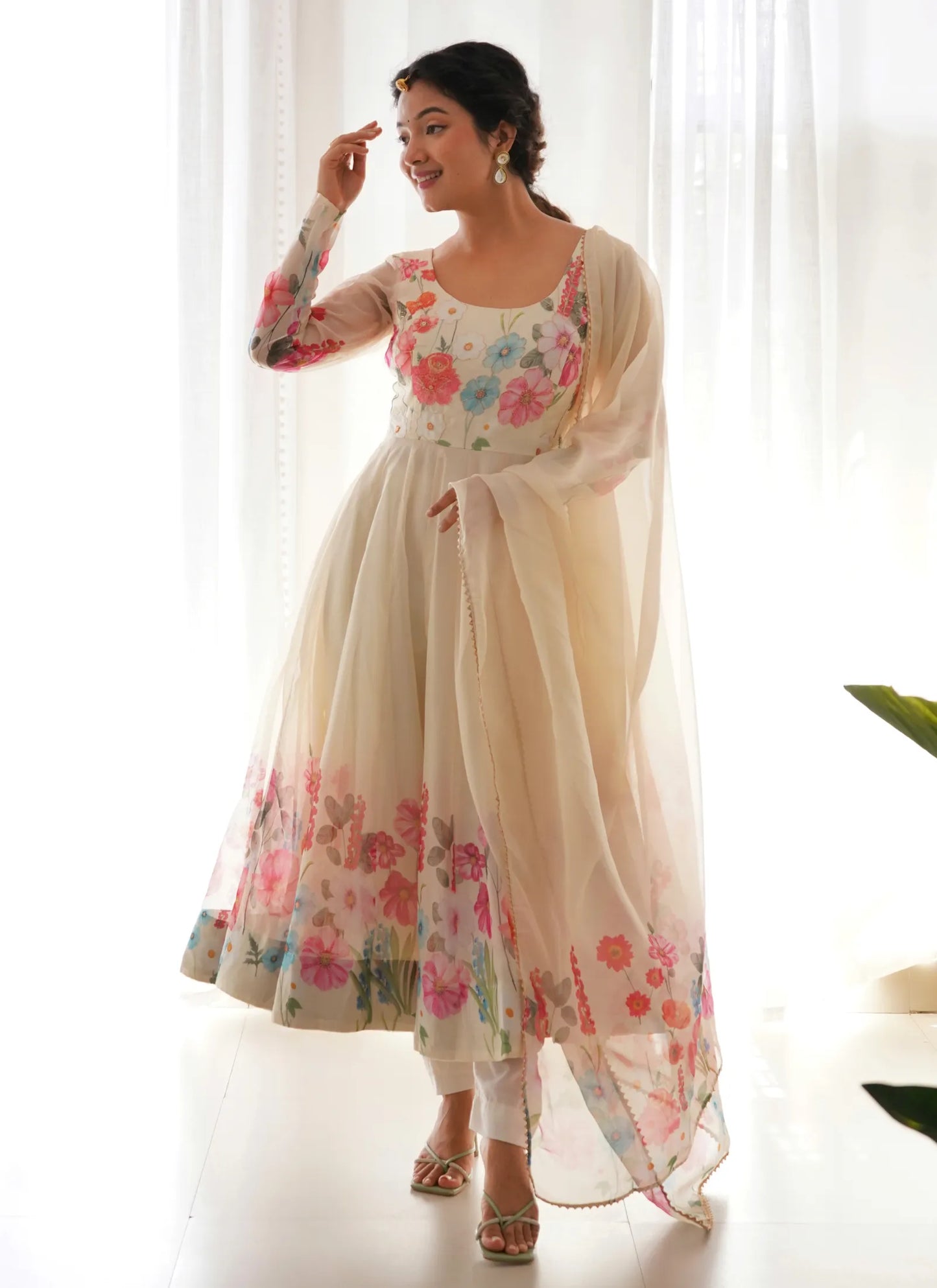 Pure Soft Organja Silk Anarkali Cream