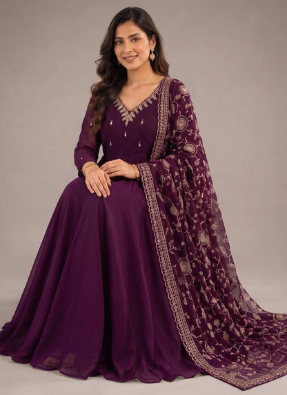 Wine Elegant Embroidered Anarkali Suit