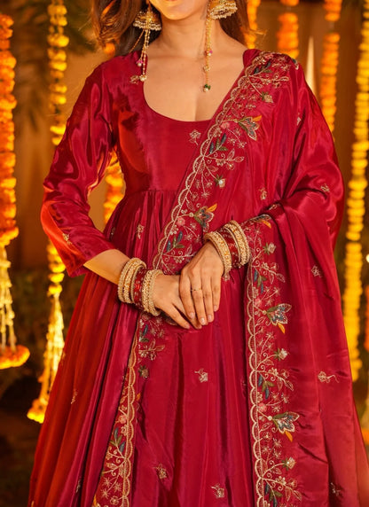 Red Heavy Silk Anarkali Suit