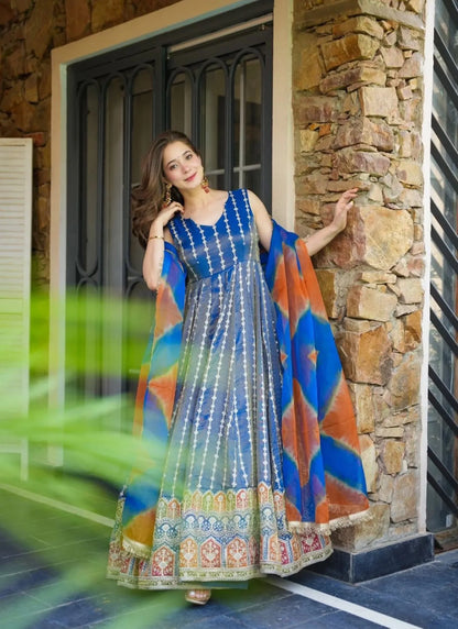 Pure Organza Silk Anarkali Gown Blue