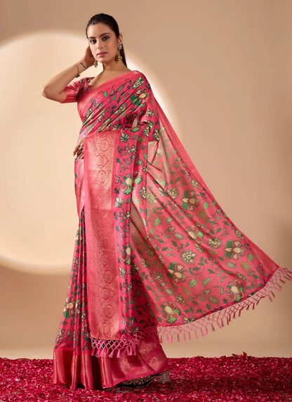 Floral Print Soft Lichi Silk Saree Pink