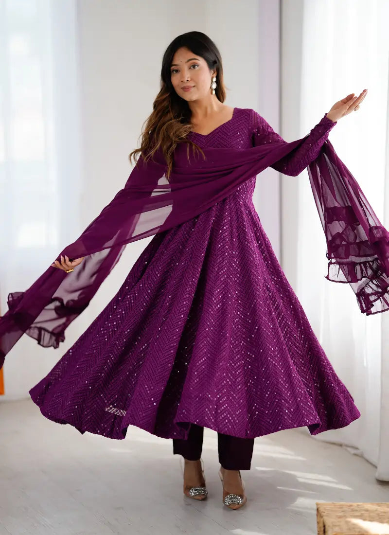 Classic Lucknowi Georgette Fabric Anarkali Suit Wine