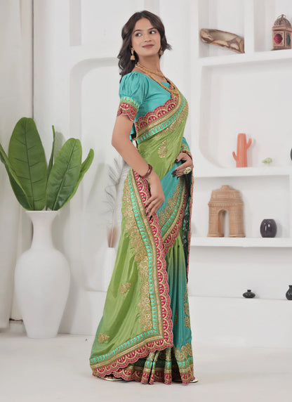 Beautiful Embroidery Silk Saree Green