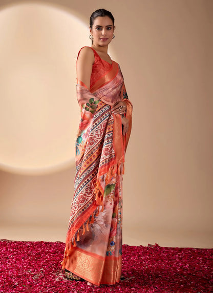 Floral Print Soft Lichi Silk Saree Orange