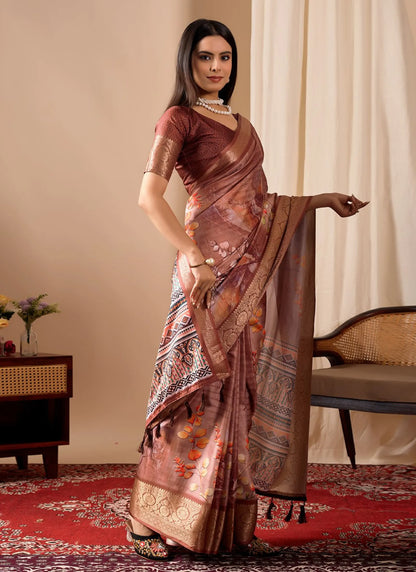 Premium Soft Lichi Silk Saree Brown