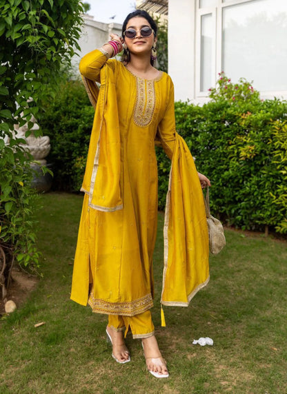 Designer Vichitra Silk Anarkali Kurti Yellow