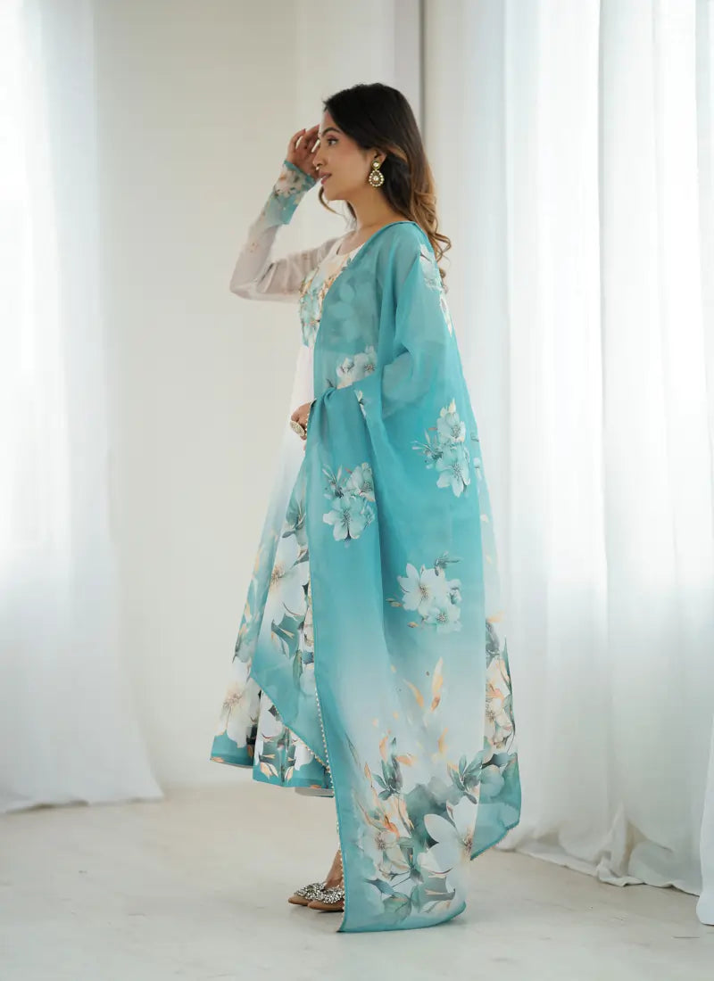 Heavy Pure Soft Organja Silk Print Anarkali Aqua Blue