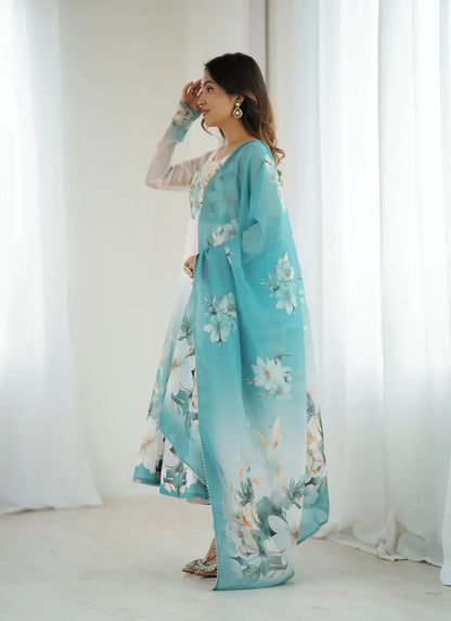 Heavy Pure Soft Organja Silk Print Anarkali Aqua Blue