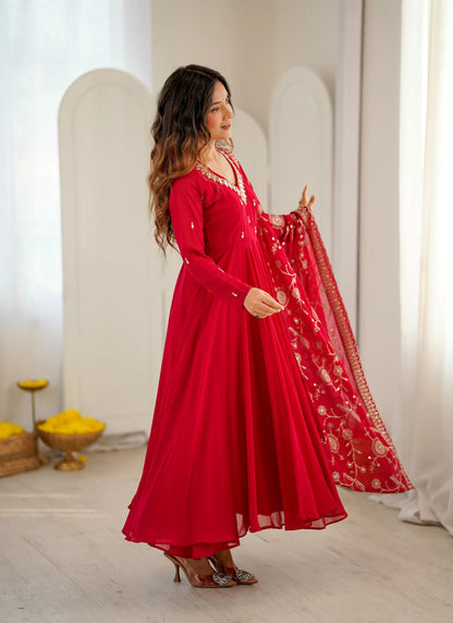 Red Elegant Embroidered Anarkali Suit