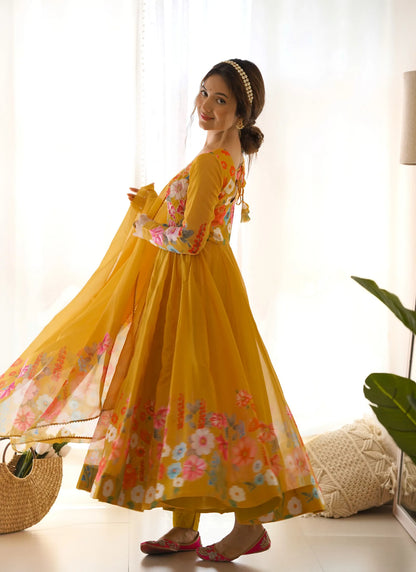 Pure Soft Organja Silk Anarkali Yellow