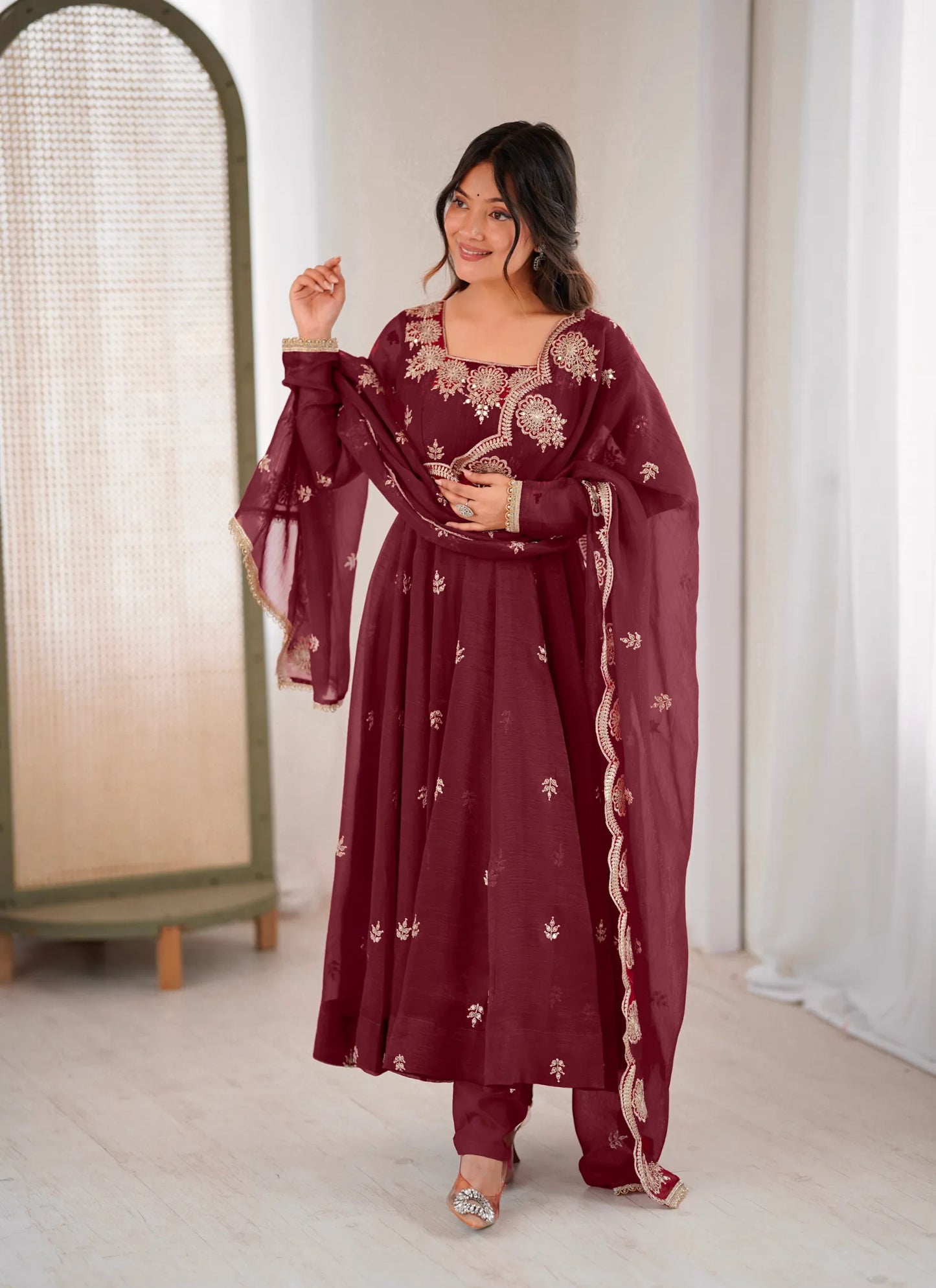 Maroon Designer Embroidered Anarkali Suit