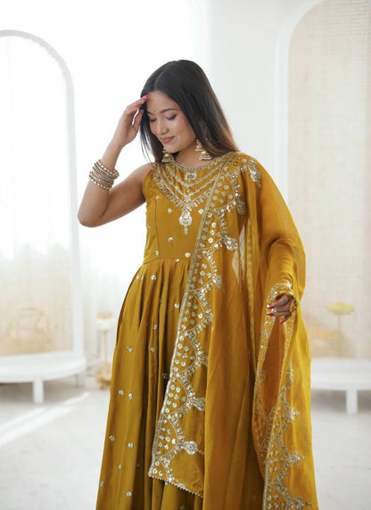 Mustard Roman Silk Embroidery Anarkali Suit