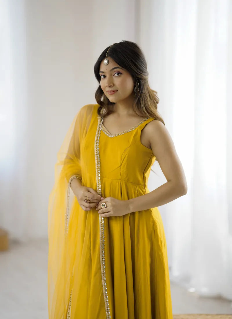 Pure Romansilk Chanderi Fabric Anarkali Yellow