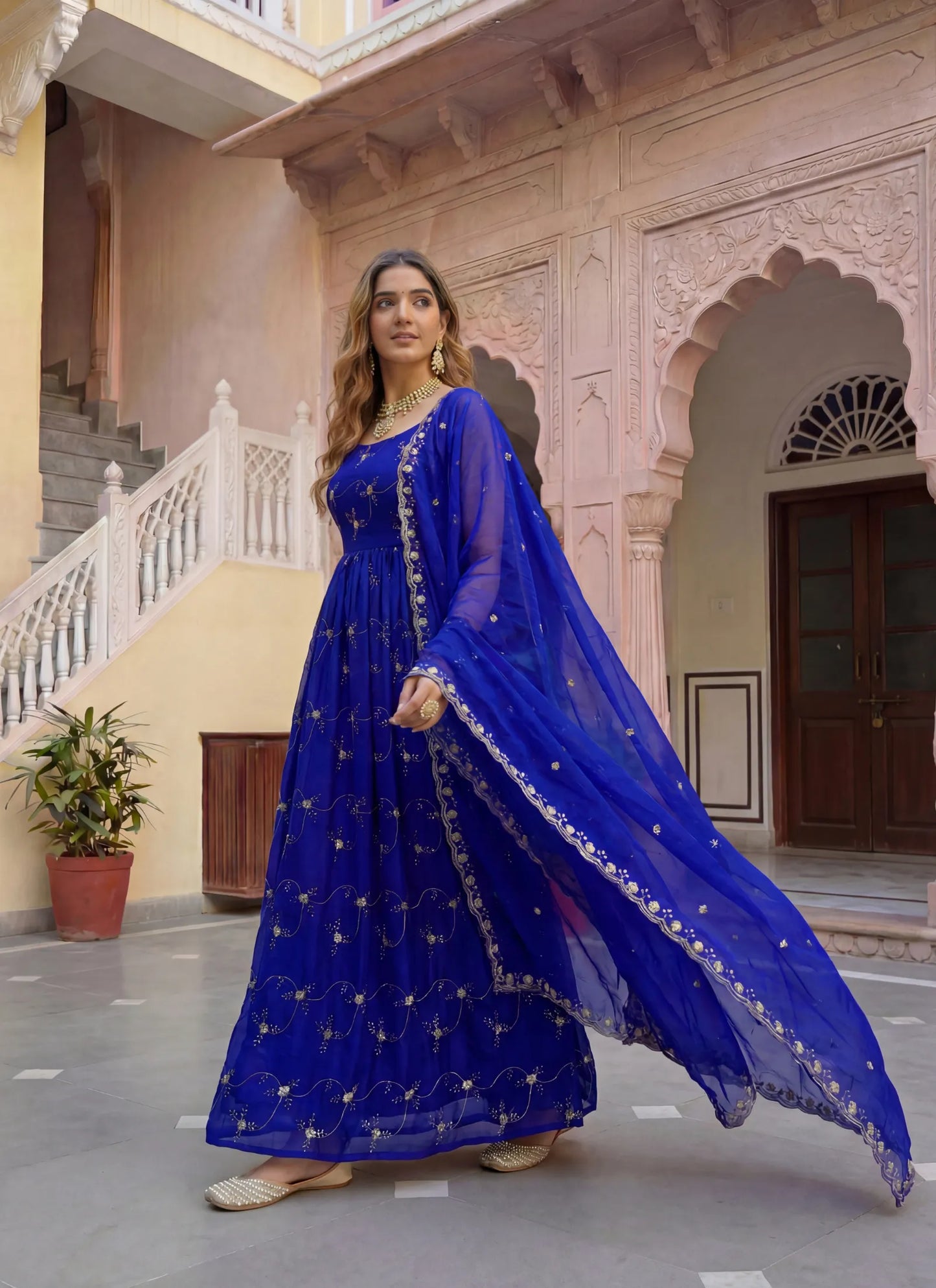Blue Fandy Silk Embroidery Anarkali Gown
