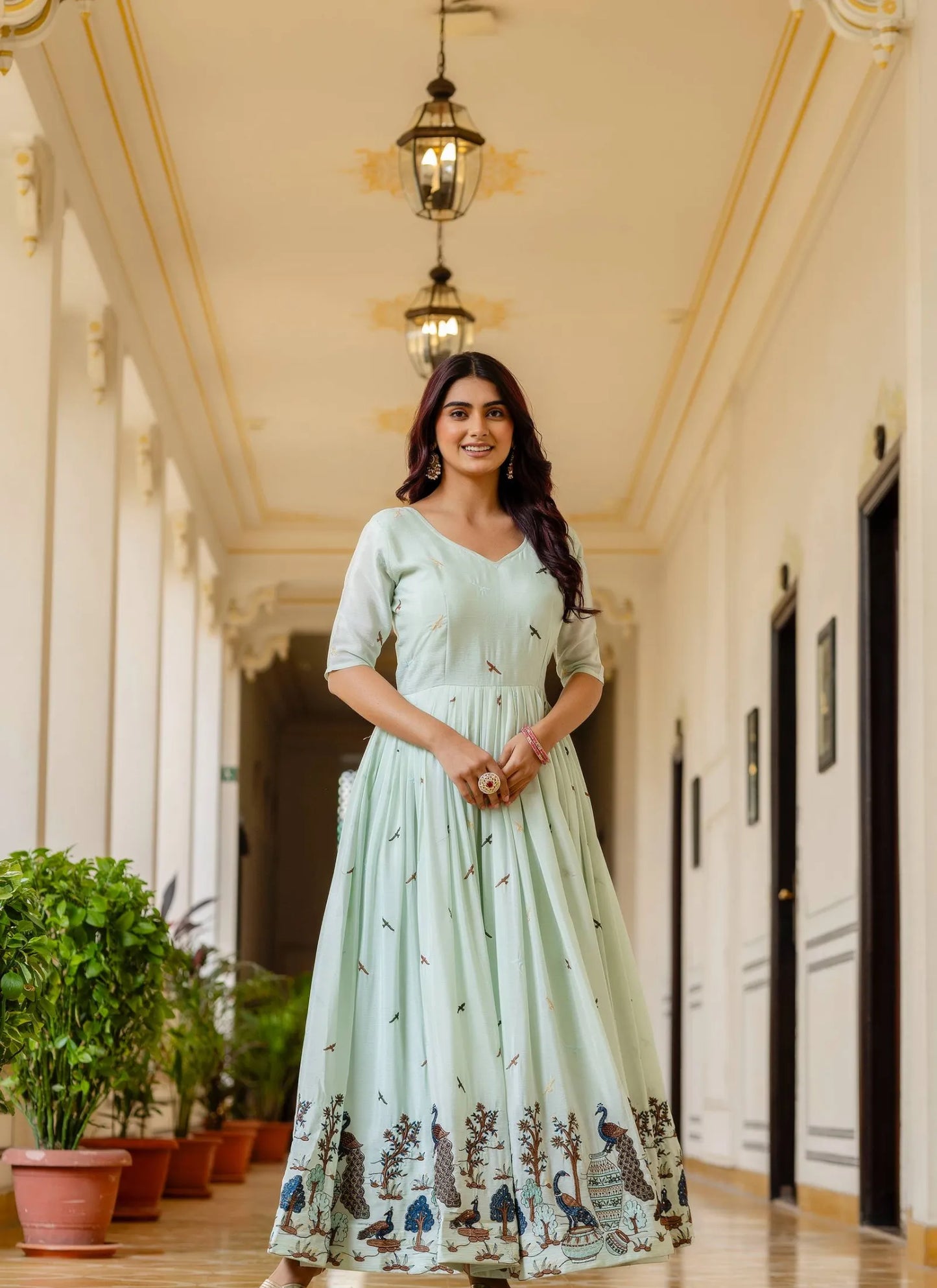 Green Embroidered Chinon Fabric Gown