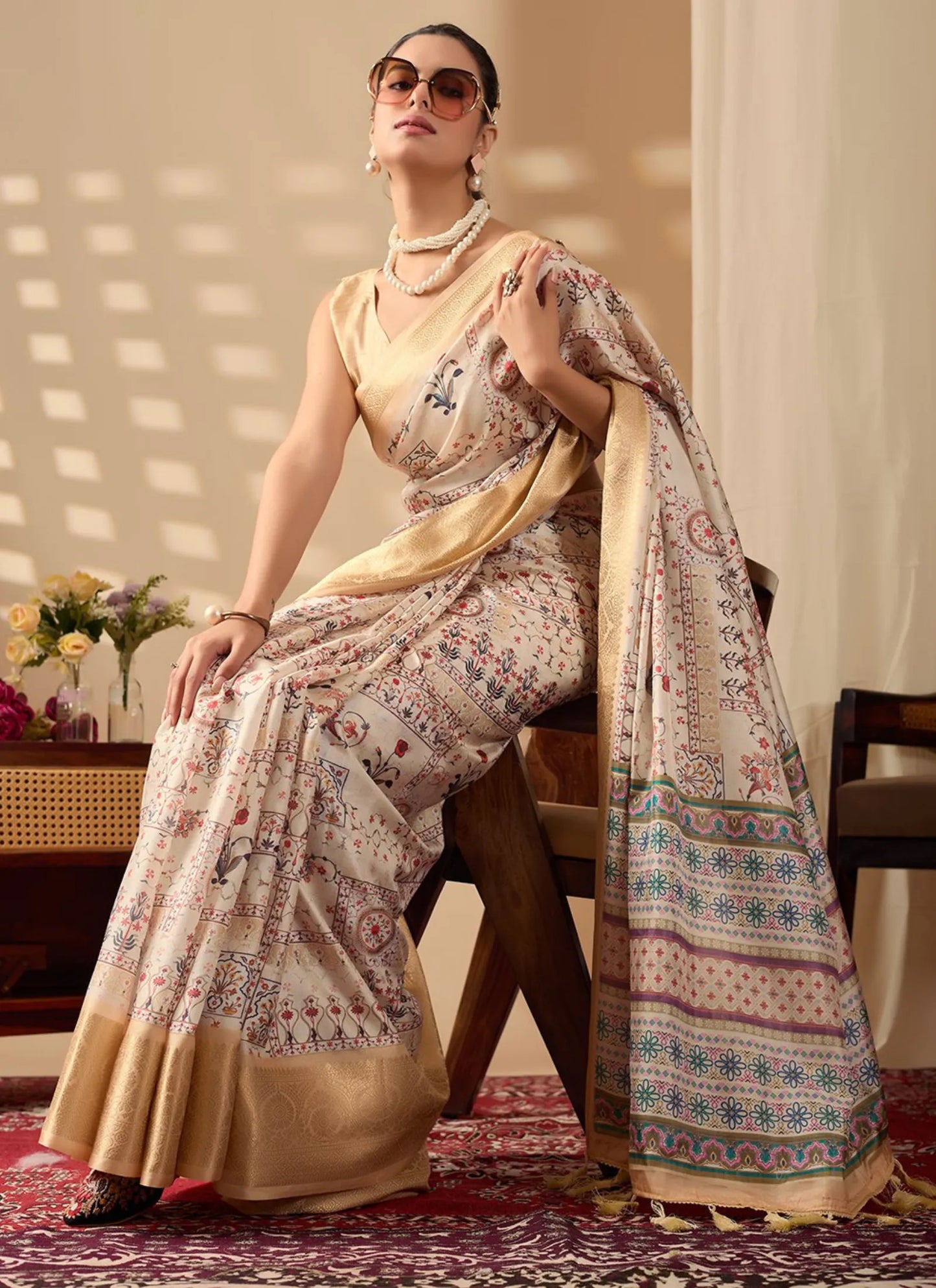 Ethnic Print Soft Lichi Silk Saree Beige