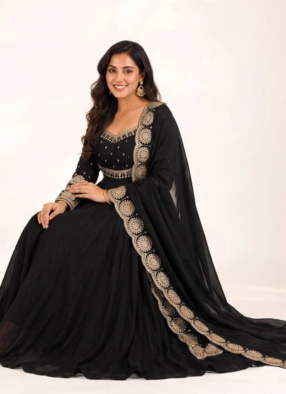 Black Roman Silk Designer Anarkali Suit