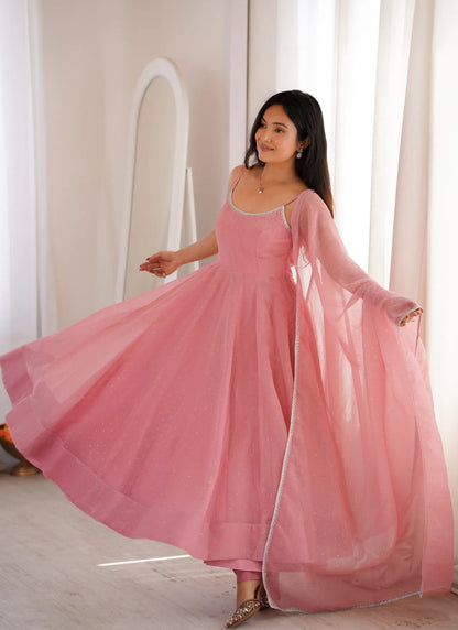Pink Crunchy Silk Fabrics Fully Flair Anarkali