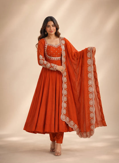 Orange Roman Silk Designer Anarkali Suit