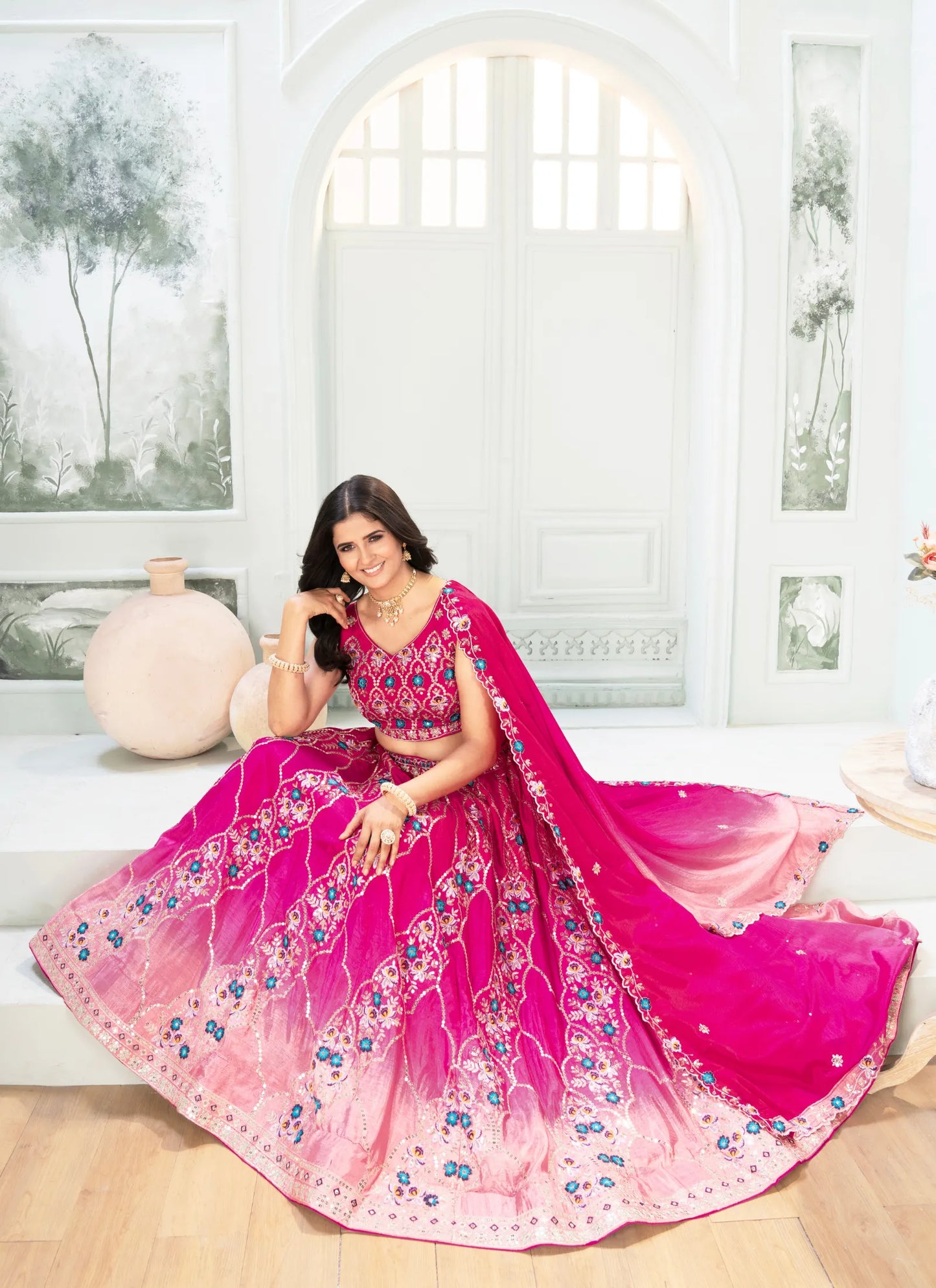 Pink Embroidery Chinon Silk Lehenga Choli