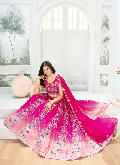 Pink Embroidery Chinon Silk Lehenga Choli