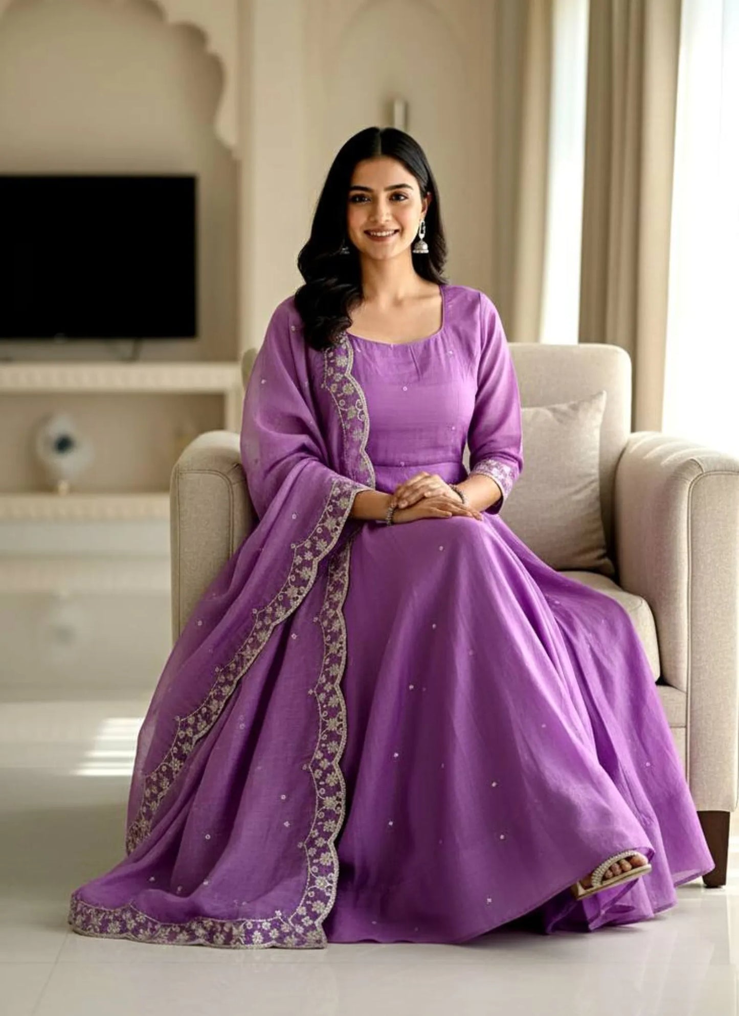 Embroidery Zari Work Silk Gown Purple