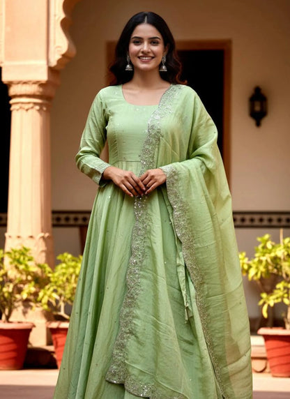 Embroidery Zari Work Silk Gown Light Green