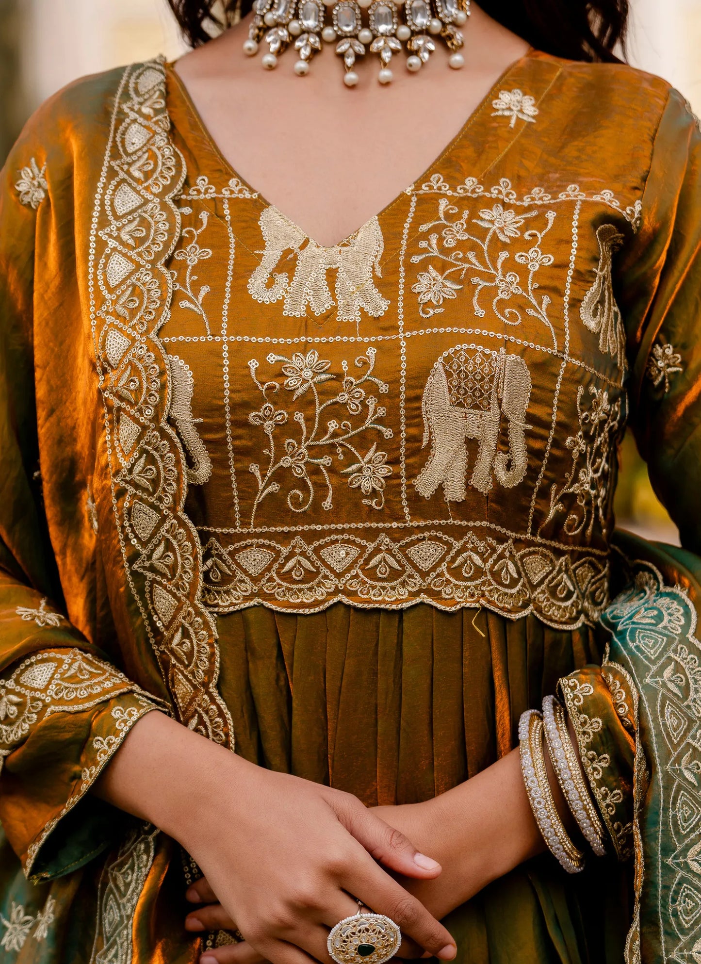 Muddy Green Embroidered Fendy Satin Gown