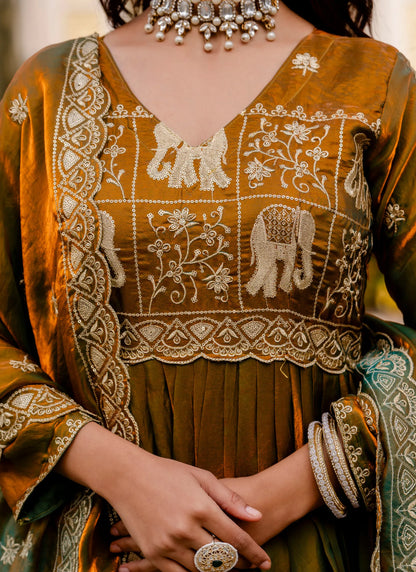 Muddy Green Embroidered Fendy Satin Gown