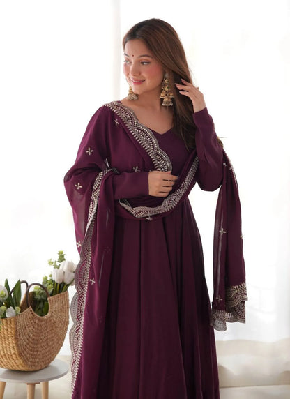 Pure Romansilk Chanderi Fabric Anarkali Wine
