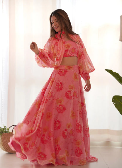 Multi Floral Organja Fabric Lehenga Choli