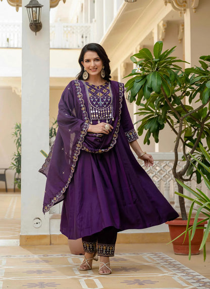 Beautiful Roman Silk Anarkali Kurti Purple