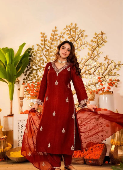 Premium Vichitra Silk Kurta Set Red