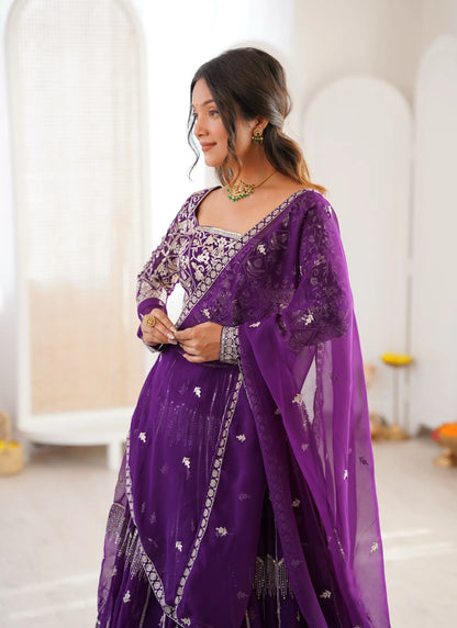 Purple Faux Georgette Thread Embroidery Lehenga Choli