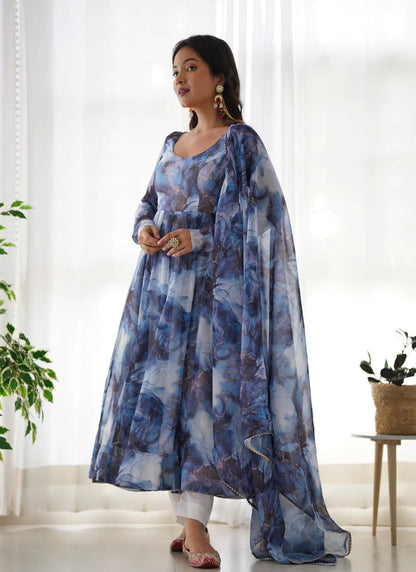 Pure Soft Organja Silk Marble Print Anarkali Navy Blue