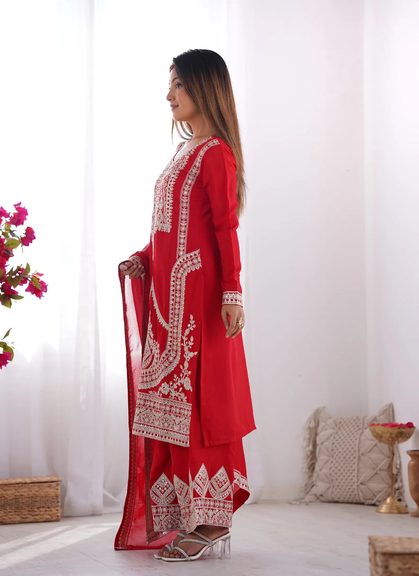 Pure Vichitra Silk Embridery Kurta Red