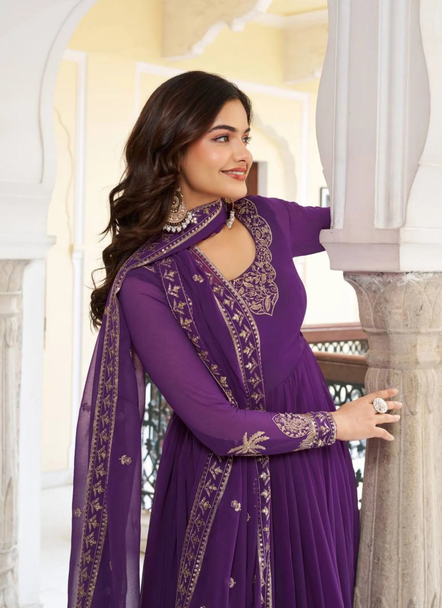 Purple Faux Georgette Thread Work Anarkali Suit