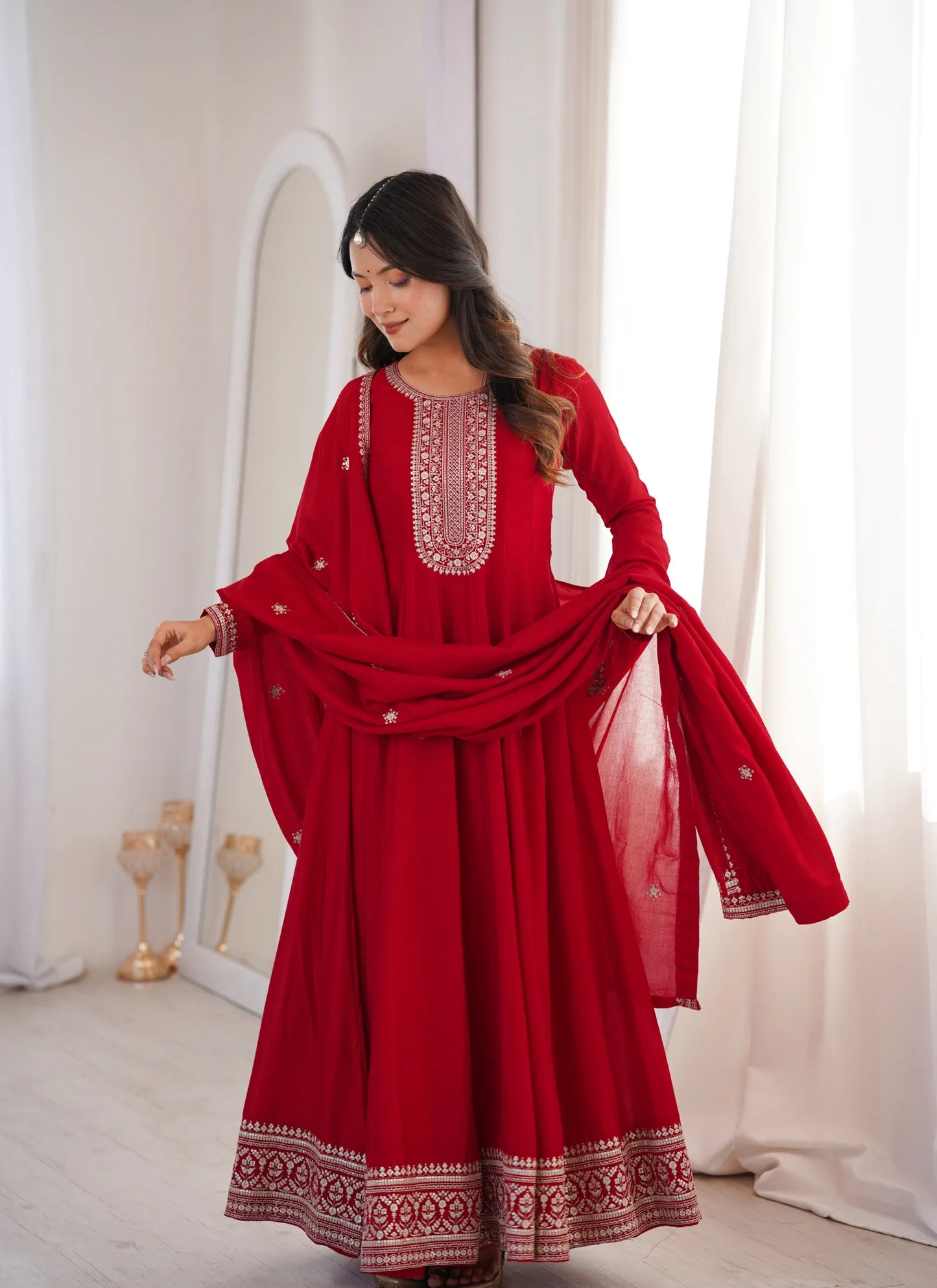 Dark Red Vichitra Silk Embroidered Gown