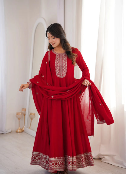 Dark Red Vichitra Silk Embroidered Gown