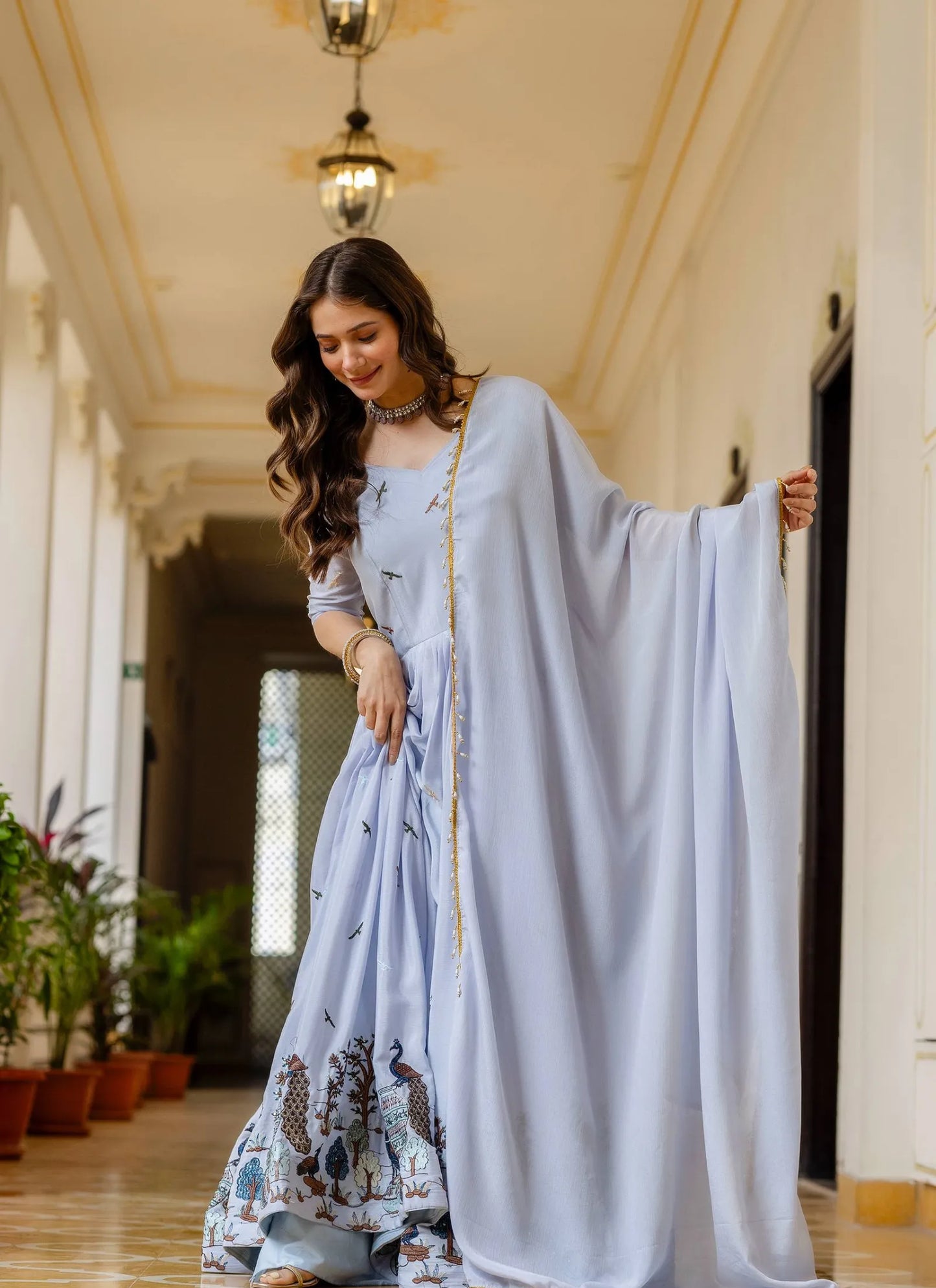Blue Grey Embroidered Chinon Fabric Gown