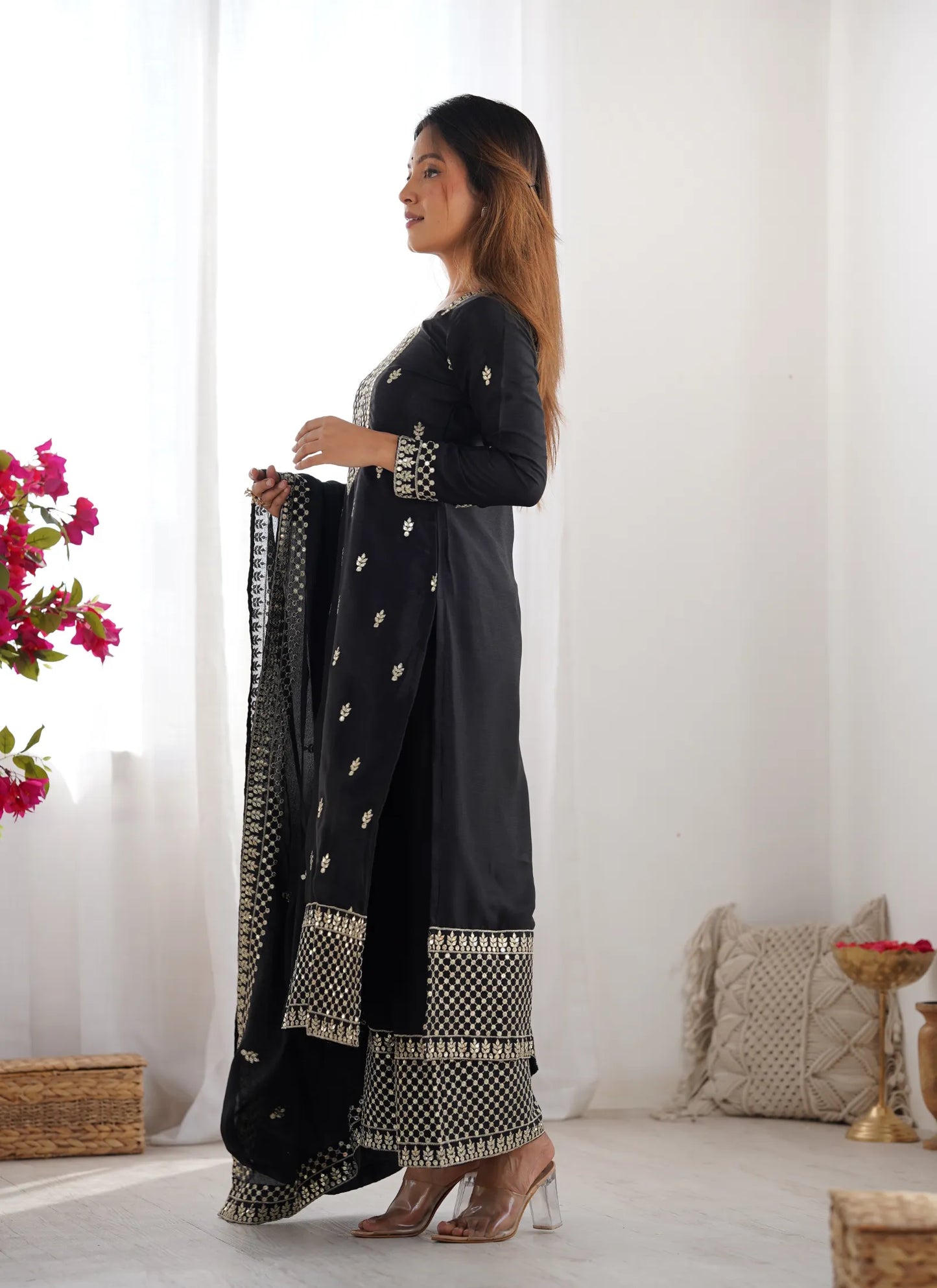 Pure Chinon Silk Embroidery Kurta Black