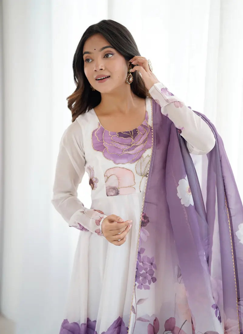 Heavy Pure Soft Organja Silk Print Anarkali Violet