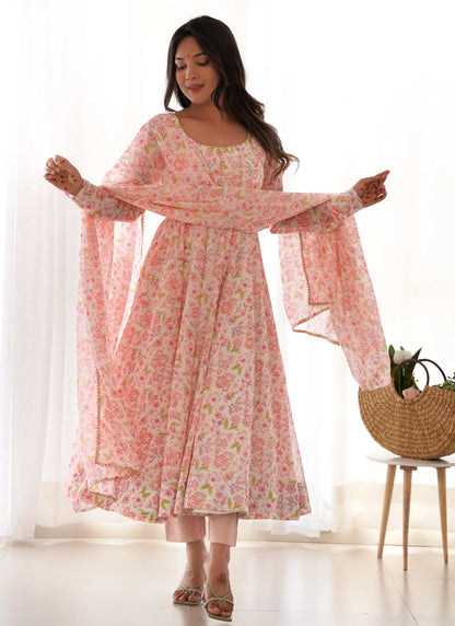 Pure Chiffon Floral Print Anarkali Peach