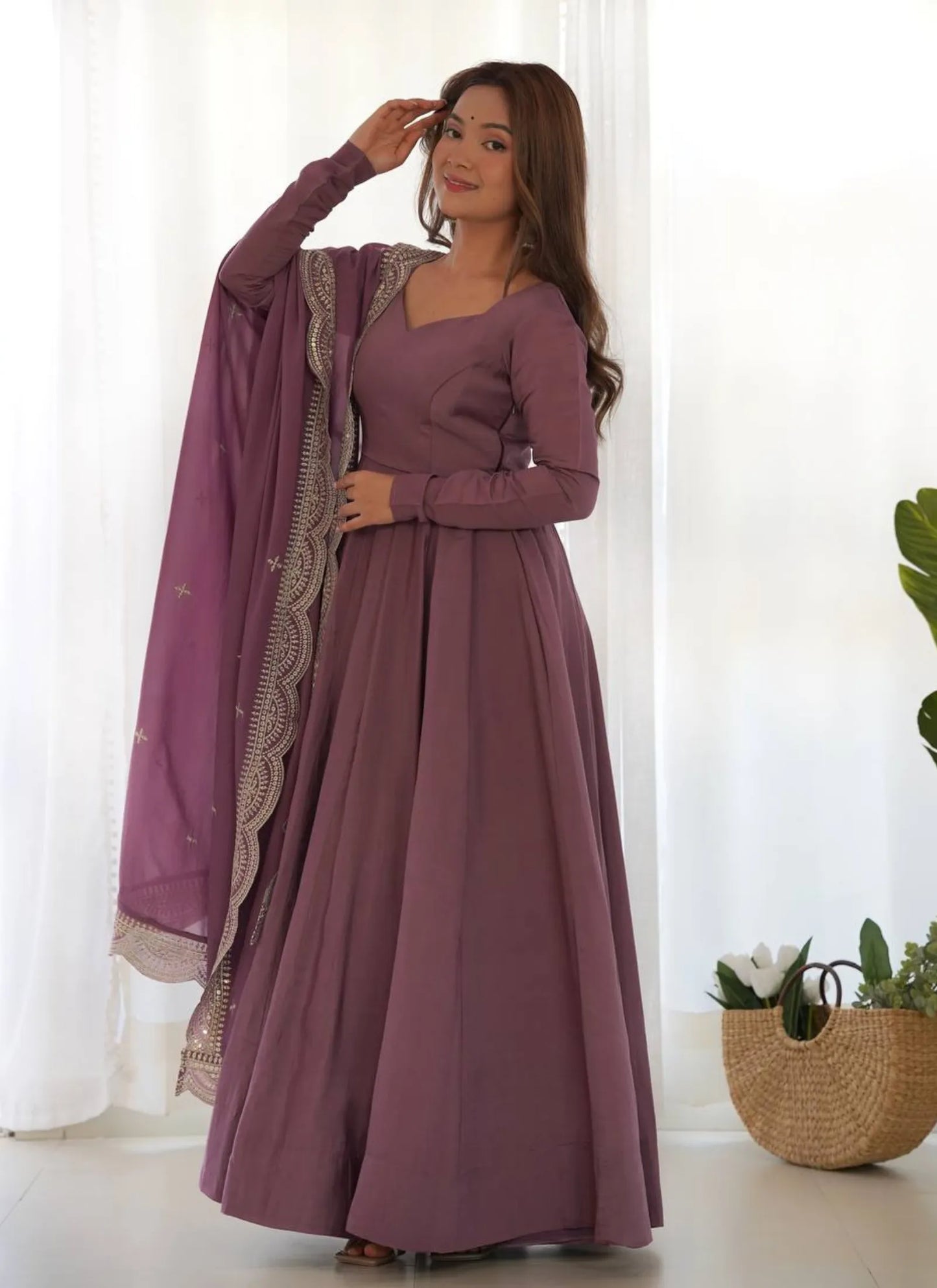 Pure Romansilk Chanderi Fabric Anarkali Mauve