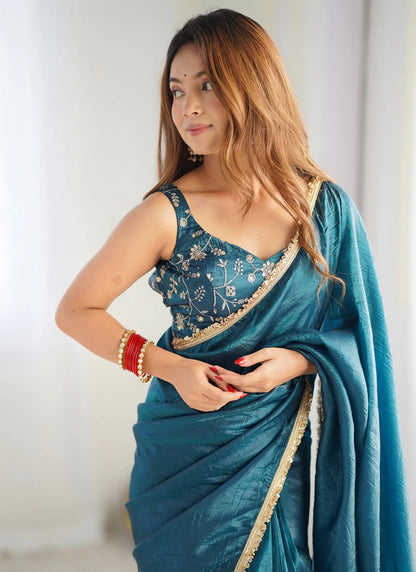 Premium Tissue Silk Saree Teal Blue