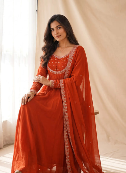 Orange Roman Chanderi Silk Anarkali Suit