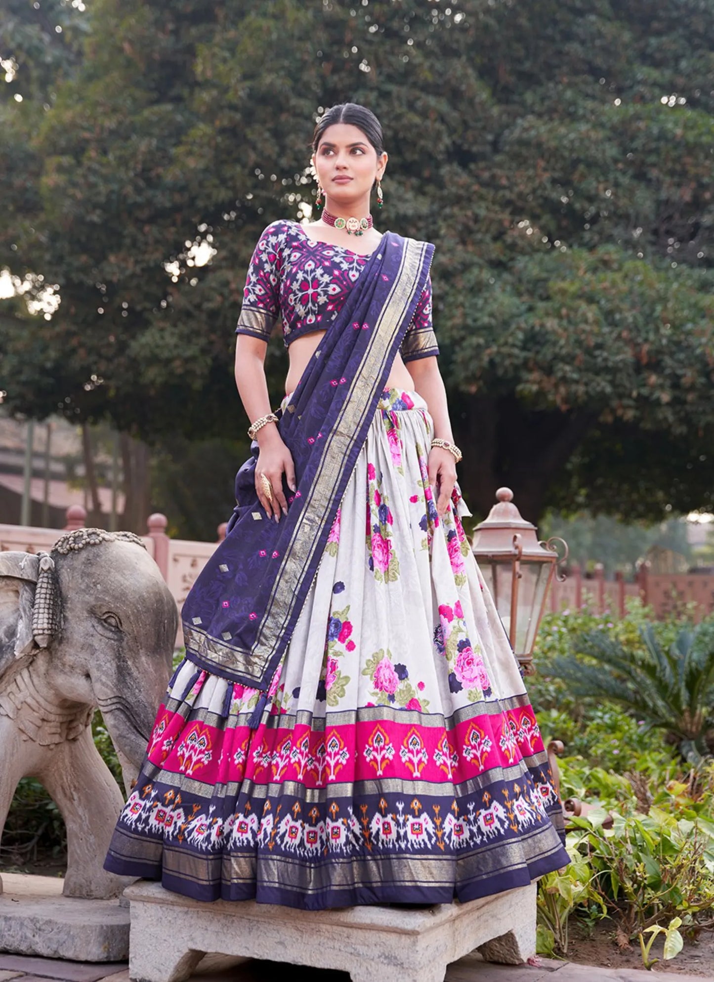 Navy Blue Floral Print Lehenga Choli